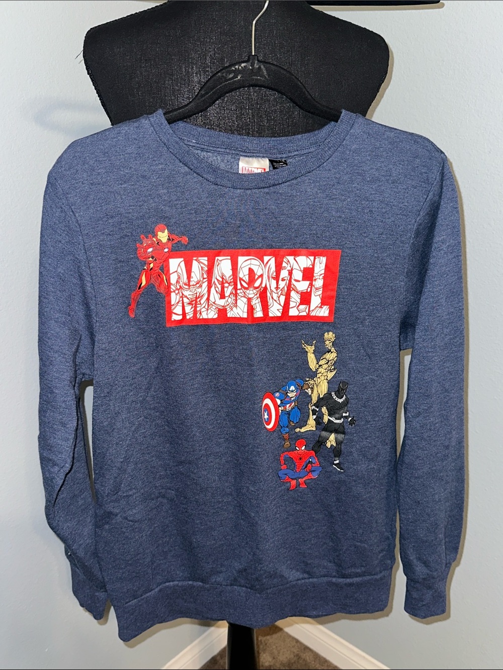 Marvel Blue Kids Crewneck Sweatshirt with Red Logo & Multicolor Character Art